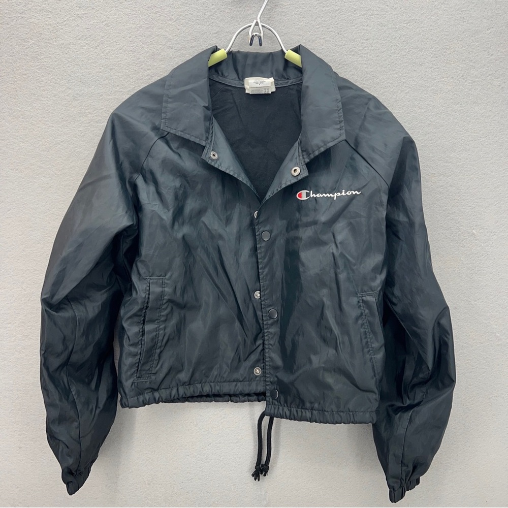 Champion Script Womens Medium Cropped Wind Breaker Jacket Black Snaps